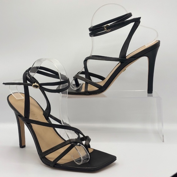 Veronica Beard Abriella Black Leather Strappy Sandals Ankle Wrap Square Toe 10 M - Picture 3 of 16